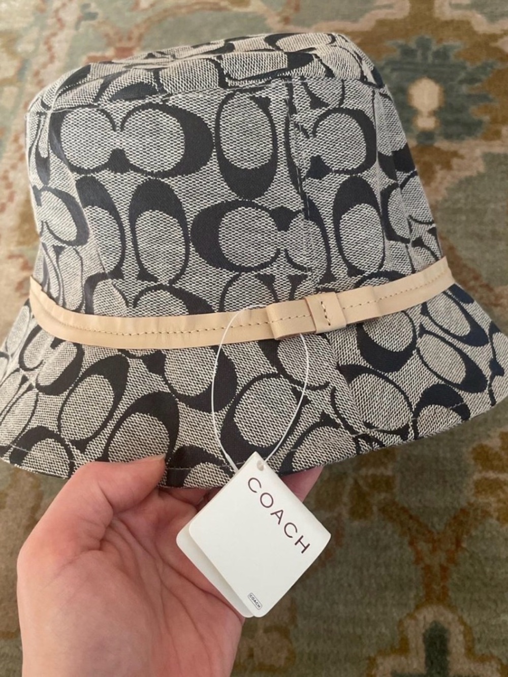 BRAND NEW VINTAGE Coach Monogram Bucket Hat in Gray and Cream with Leather Trim